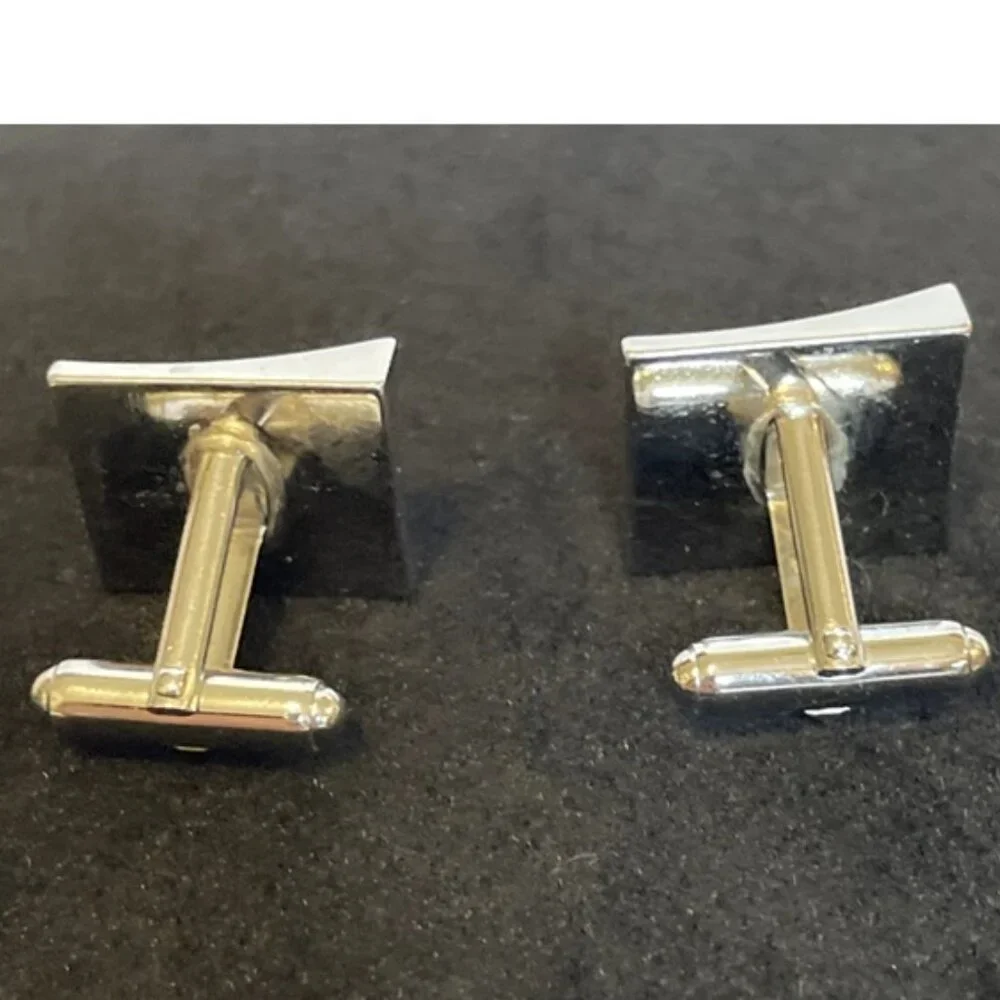 Silver Tone Square Etched Cufflinks Men's Vintage Formal Wear Bullet Back